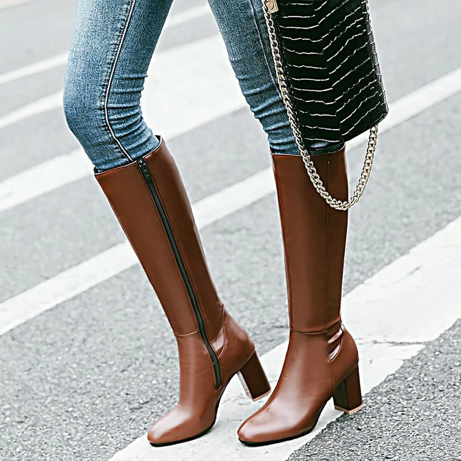 Knee High Boots Chunky Heel Boots Women's Thick High Heel Square Toe Fashionable Versatile Warm And Comfortable Boots