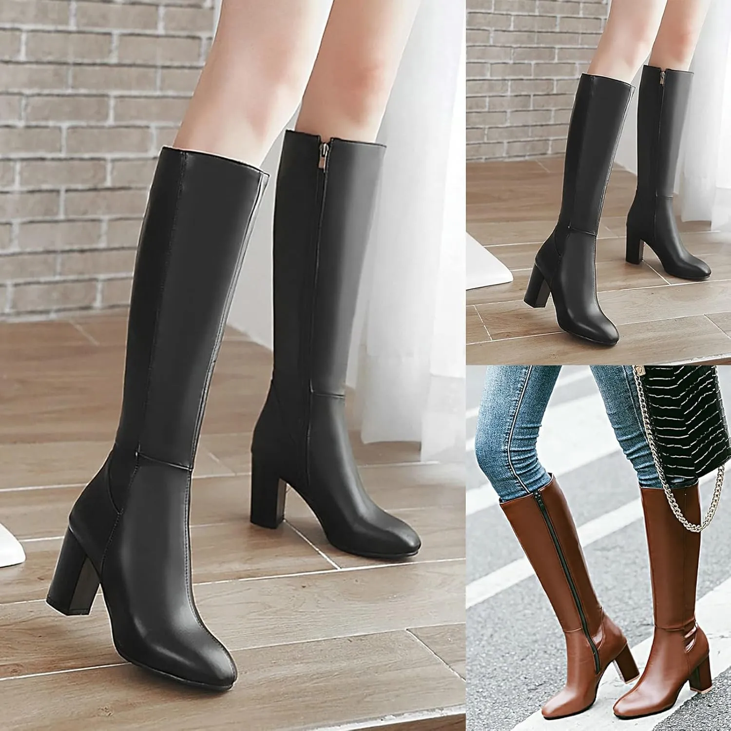 Knee High Boots Chunky Heel Boots Women's Thick High Heel Square Toe Fashionable Versatile Warm And Comfortable Boots