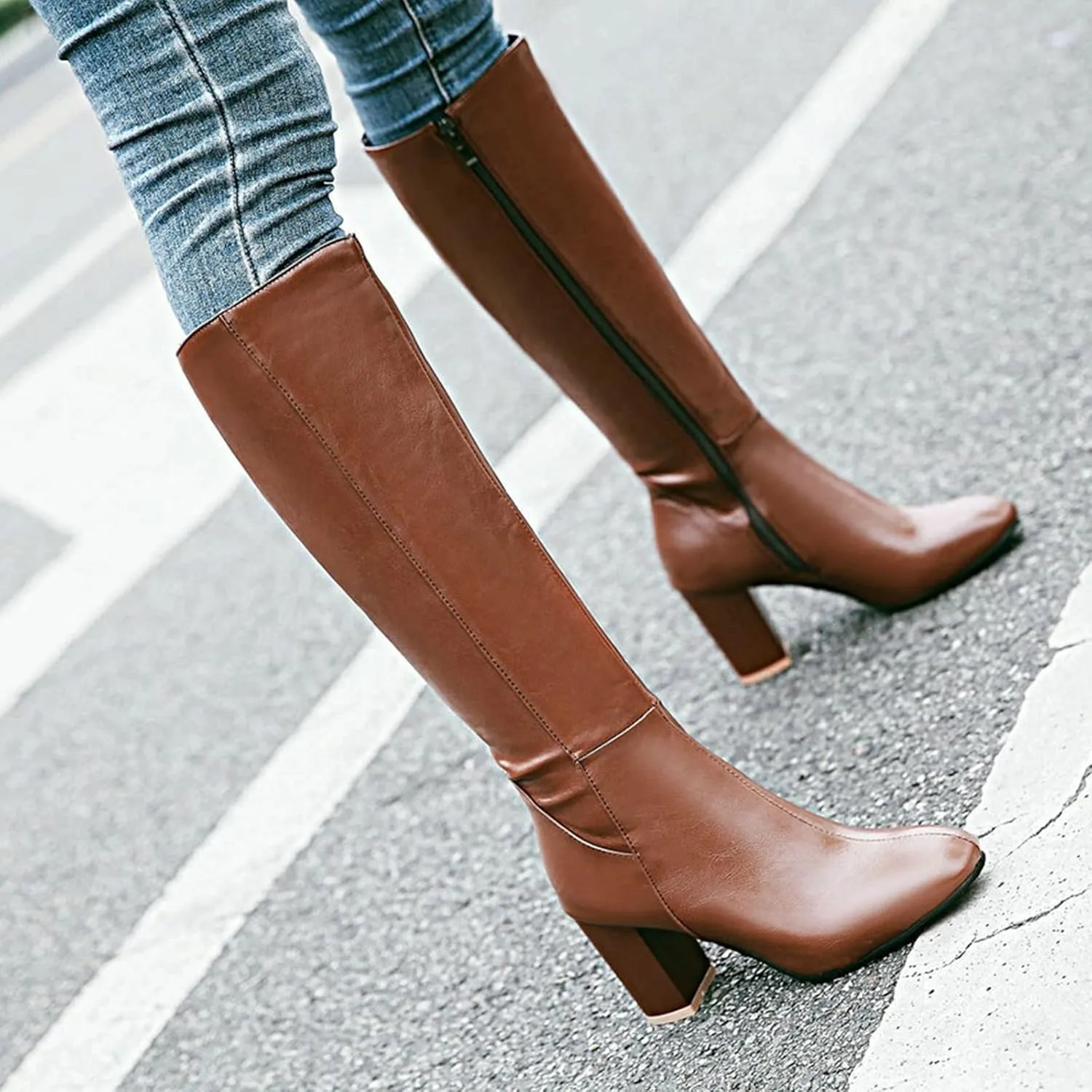 Knee High Boots Chunky Heel Boots Women's Thick High Heel Square Toe Fashionable Versatile Warm And Comfortable Boots