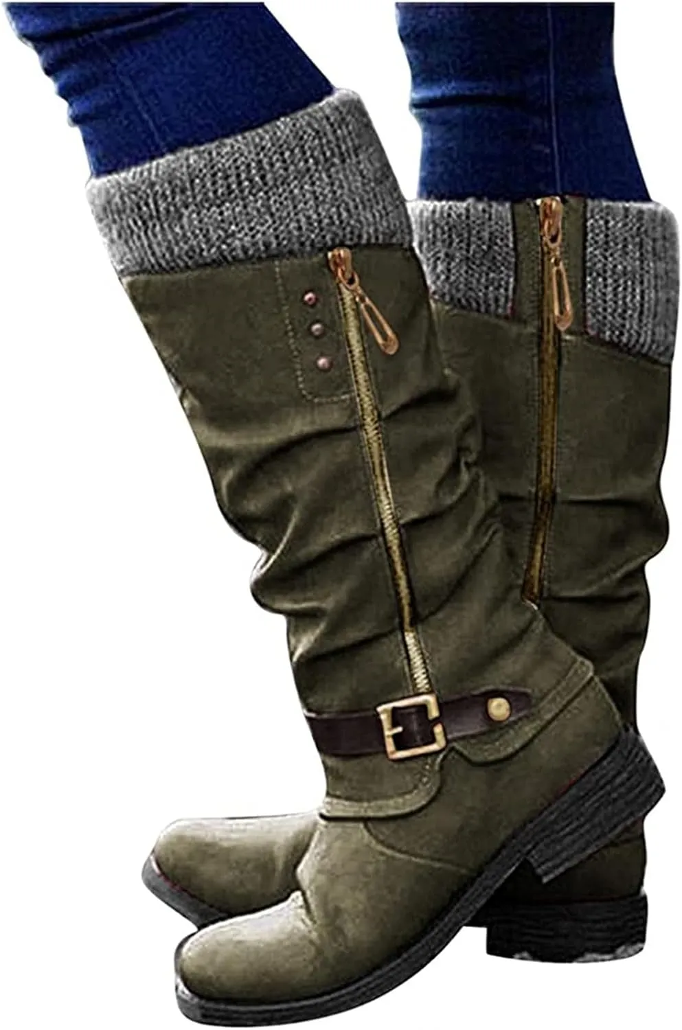 Ladmiple Ankle Boots Women Comfort Mid Calf Low Heel Round-Toe Side Zip Combat Boots Motorcycle Riding Military Biker Dress Booties