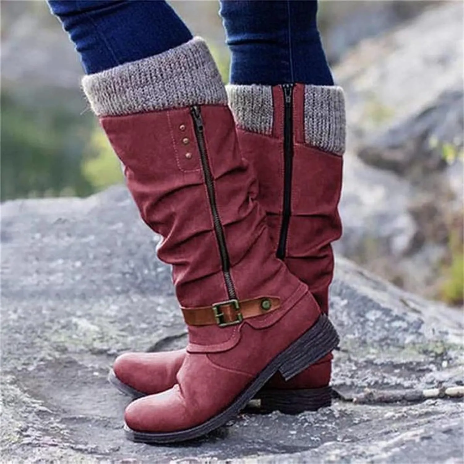Ladmiple Ankle Boots Women Comfort Mid Calf Low Heel Round-Toe Side Zip Combat Boots Motorcycle Riding Military Biker Dress Booties