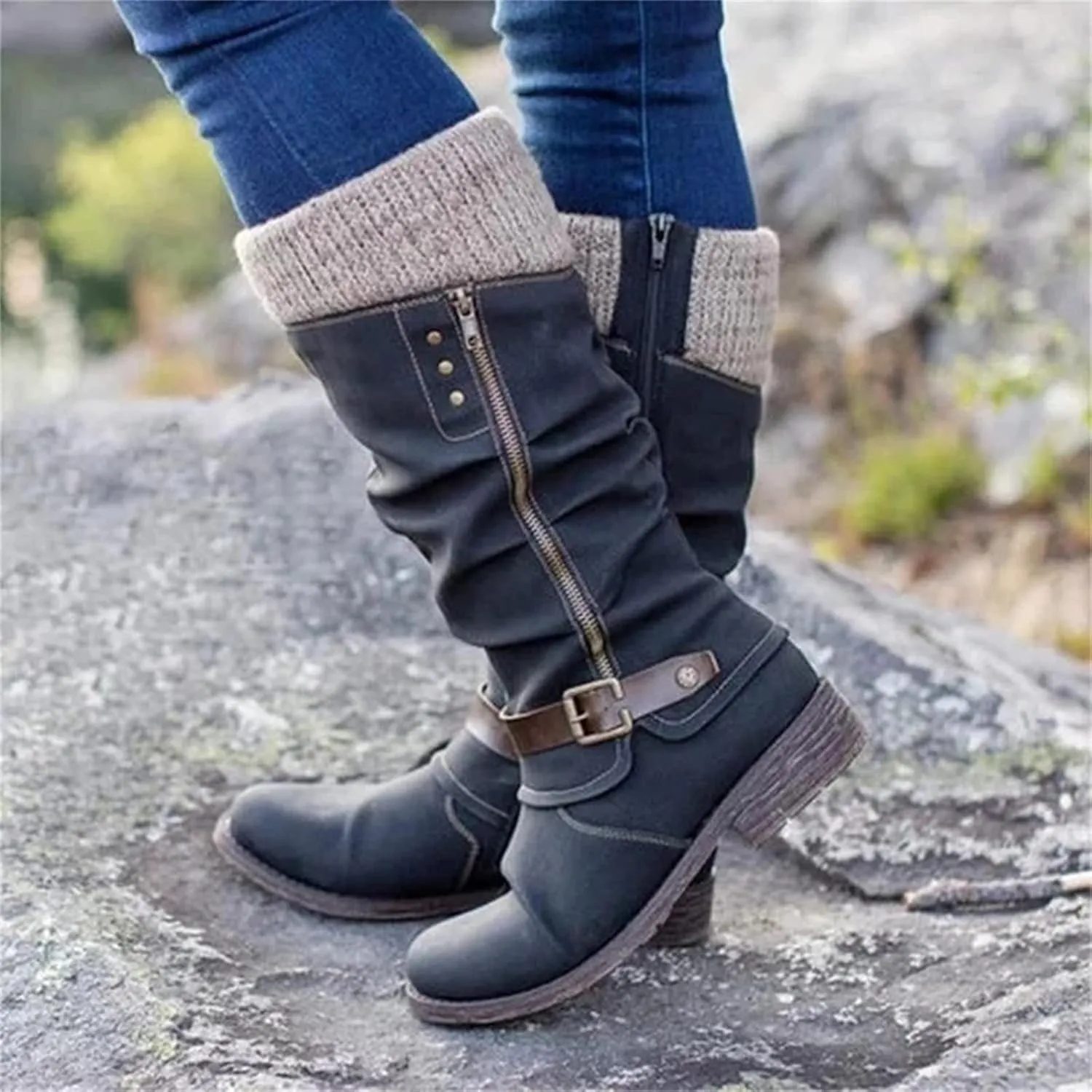 Ladmiple Ankle Boots Women Comfort Mid Calf Low Heel Round-Toe Side Zip Combat Boots Motorcycle Riding Military Biker Dress Booties