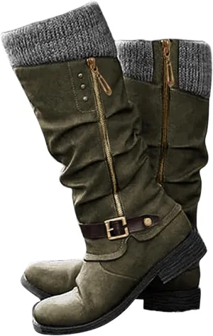 Ladmiple Ankle Boots Women Comfort Mid Calf Low Heel Round-Toe Side Zip Combat Boots Motorcycle Riding Military Biker Dress Booties