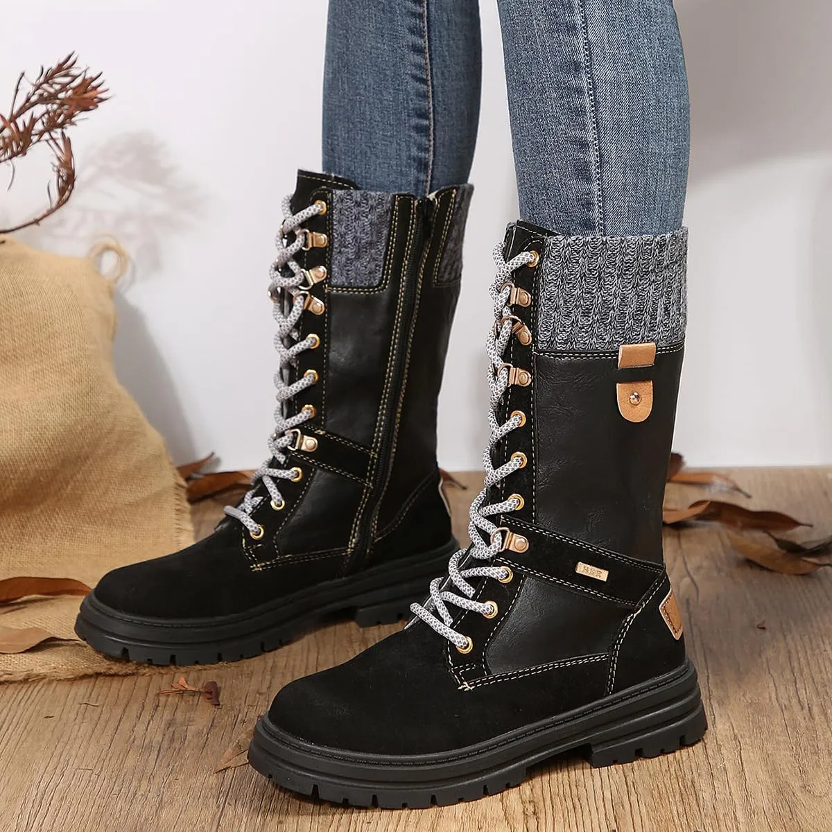Ladmiple Ankle Boots Women Low Heel Mid Calf Side Zip Combat Boots Motorcycle Riding Military Biker Boots Dress Short Booties 2023