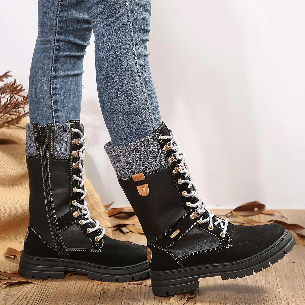 Ladmiple Ankle Boots Women Low Heel Mid Calf Side Zip Combat Boots Motorcycle Riding Military Biker Boots Dress Short Booties 2023
