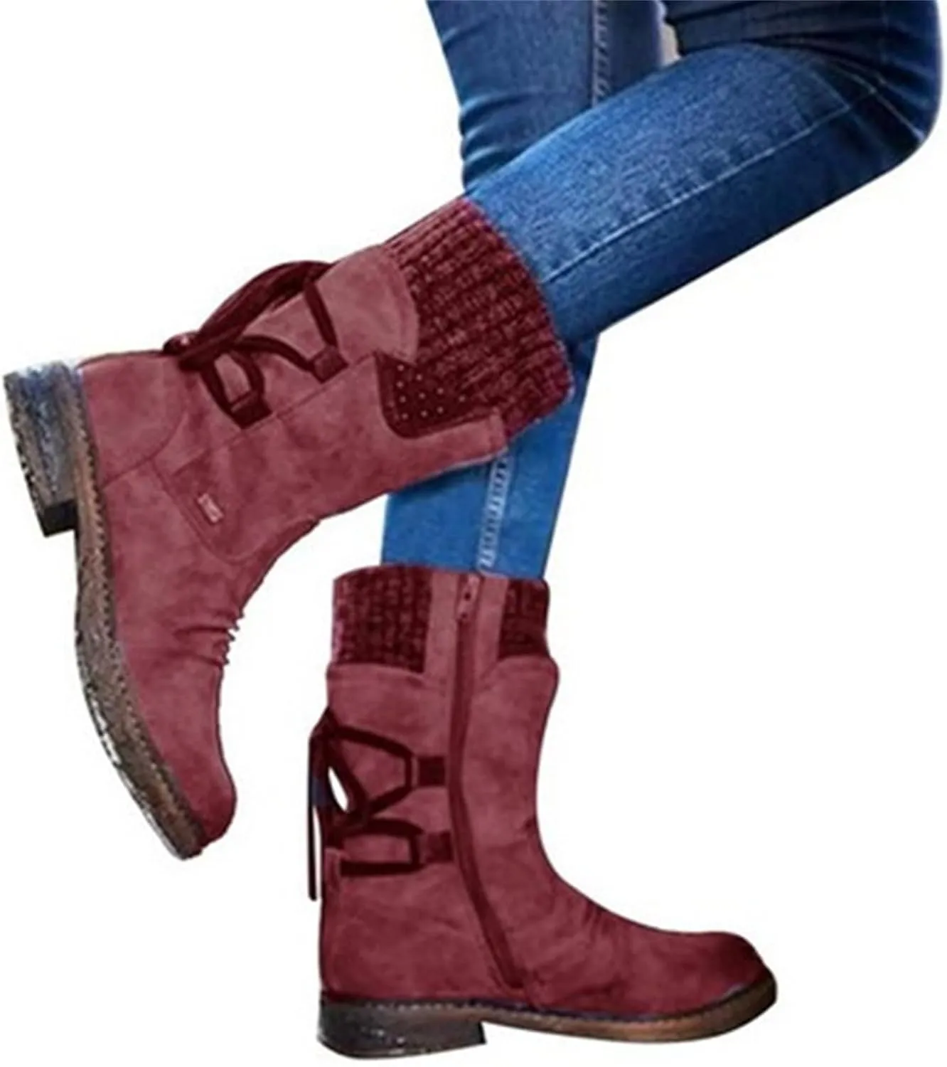 Ladmiple Boots For Women Ankle Booties Low Heel Mid Calf Combat Riding Fashion Winter Motorcycle Military Biker Boots