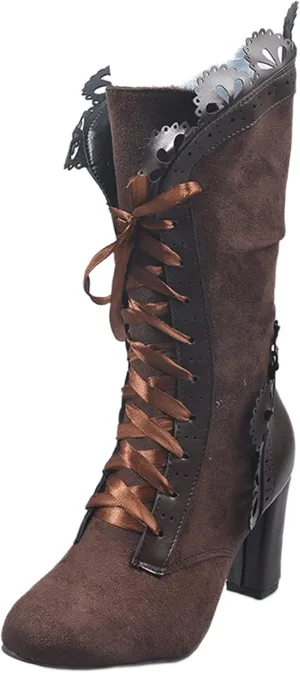 Ladmiple Boots For Women Fashion Dressy Cowboy Boots Wide Calf Knee High Mid Heel Lace Up Retro Fashion Tall Western Boots