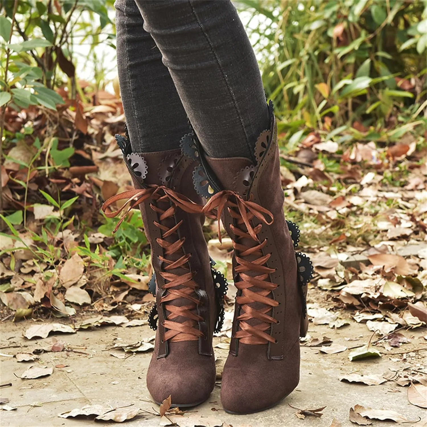 Ladmiple Boots For Women Fashion Dressy Cowboy Boots Wide Calf Knee High Mid Heel Lace Up Retro Fashion Tall Western Boots