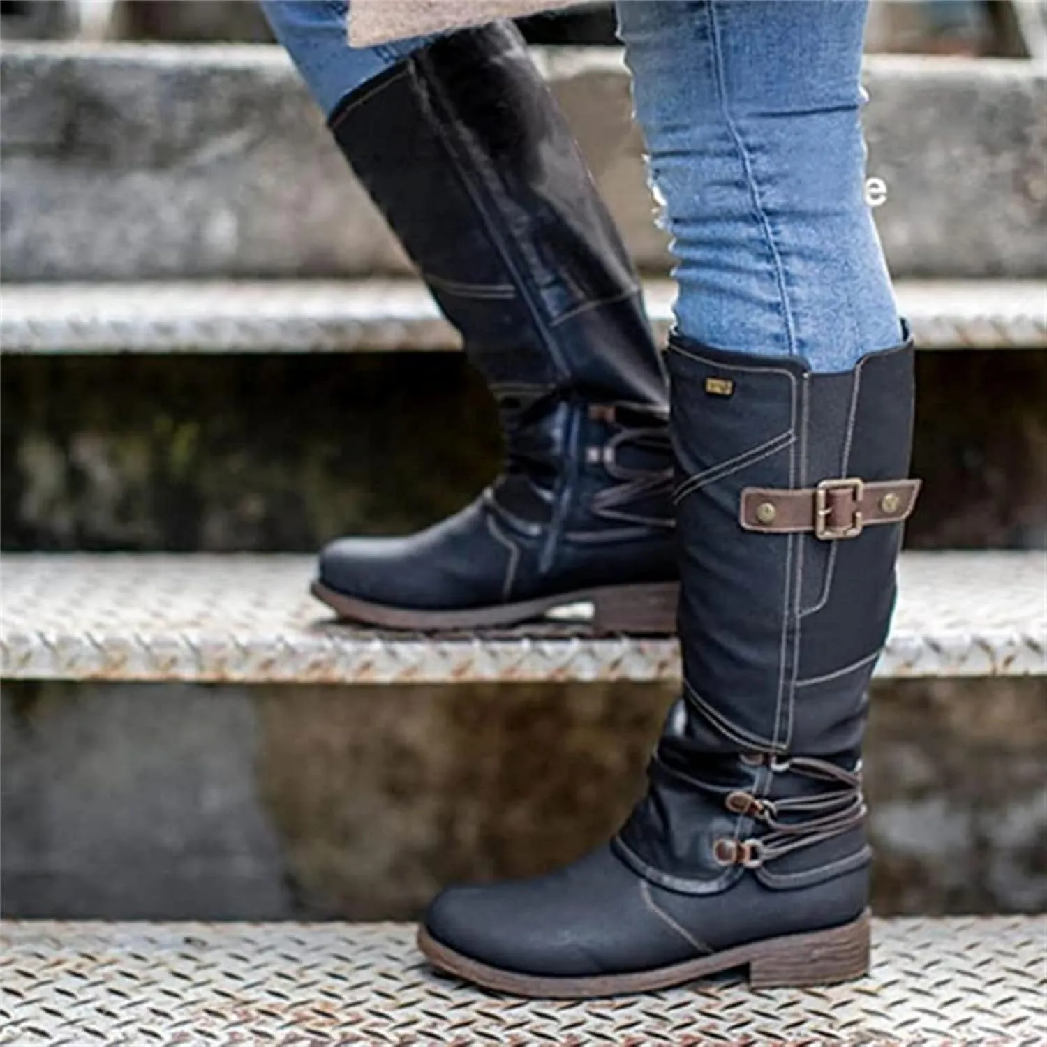 Ladmiple Boots For Women Knee High Wide Calf Leather Winter Side Zipper Combat Boots Western Motorcycle Riding Biker Boots