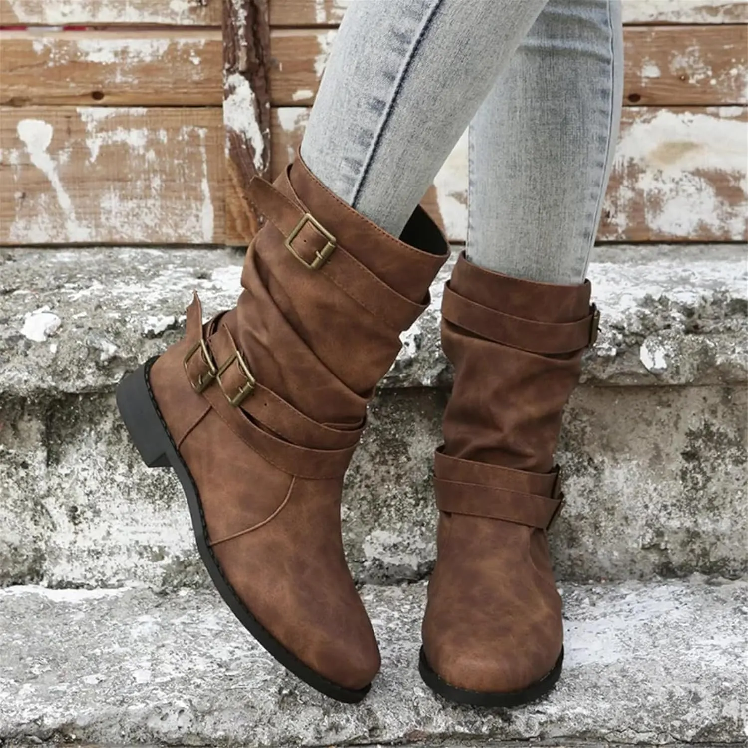 Ladmiple Boots For Women Low Heel Mid Calf Combat Boots Side Zipper Motorcycle Riding Military Biker Winter Ankle Booties