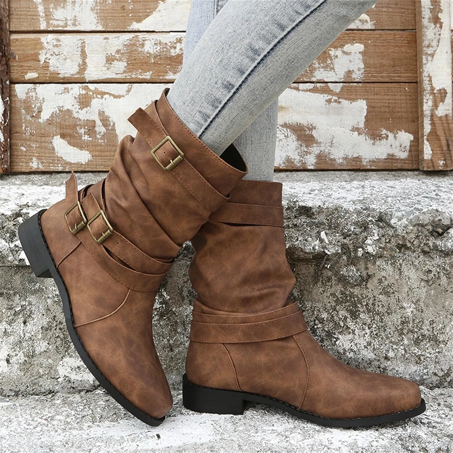 Ladmiple Boots For Women Low Heel Mid Calf Combat Boots Side Zipper Motorcycle Riding Military Biker Winter Ankle Booties
