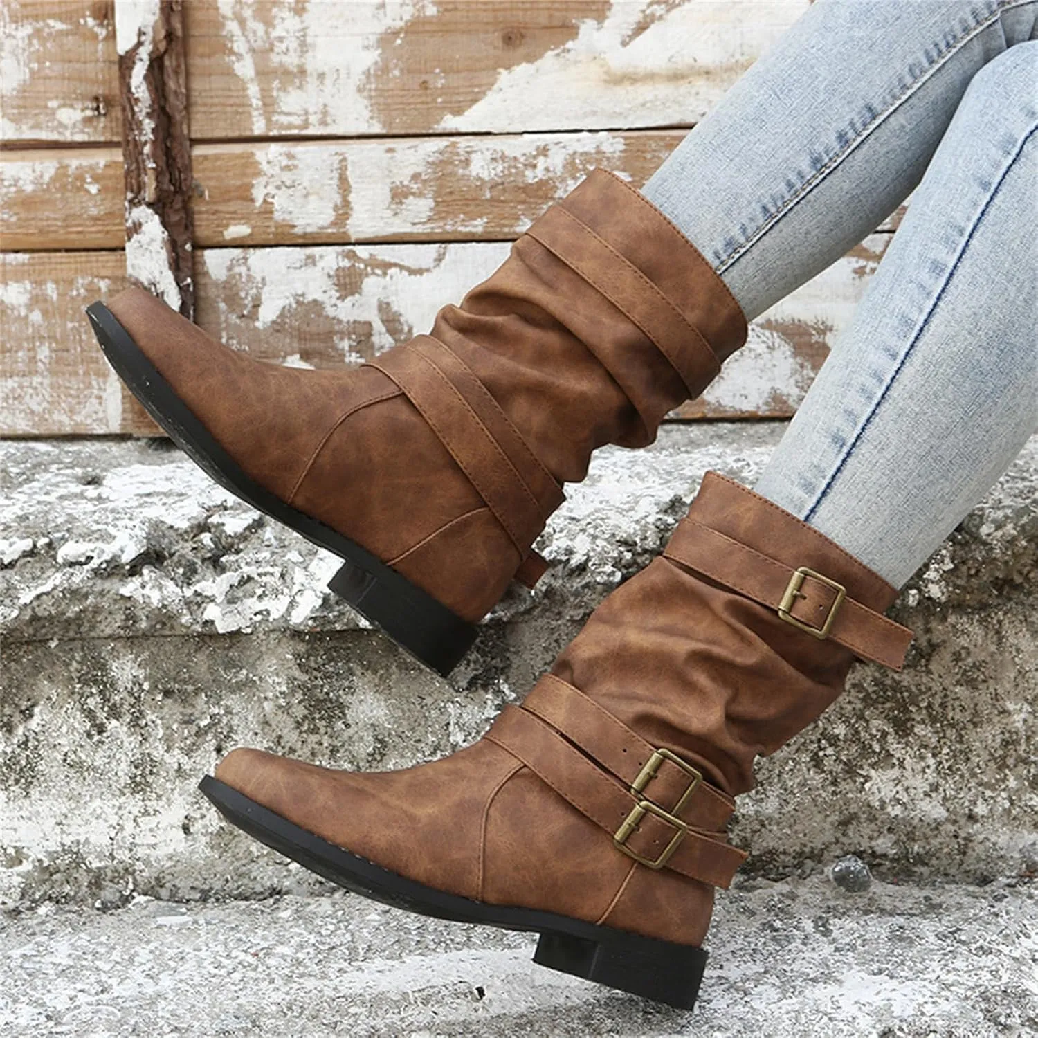 Ladmiple Boots For Women Low Heel Mid Calf Combat Boots Side Zipper Motorcycle Riding Military Biker Winter Ankle Booties