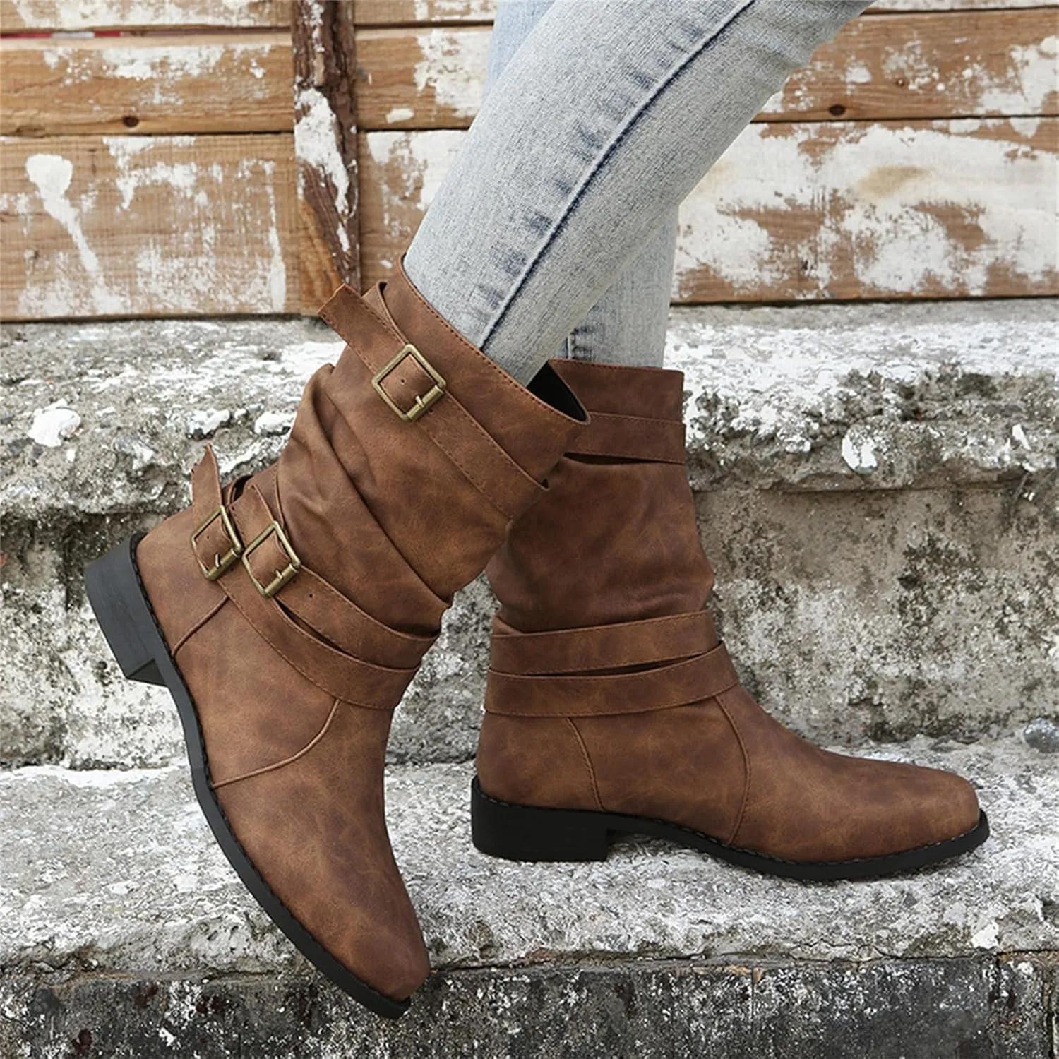 Ladmiple Boots For Women Low Heel Mid Calf Combat Boots Side Zipper Motorcycle Riding Military Biker Winter Ankle Booties