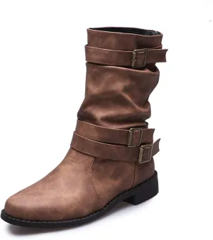 Ladmiple Boots For Women Low Heel Mid Calf Combat Boots Side Zipper Motorcycle Riding Military Biker Winter Ankle Booties