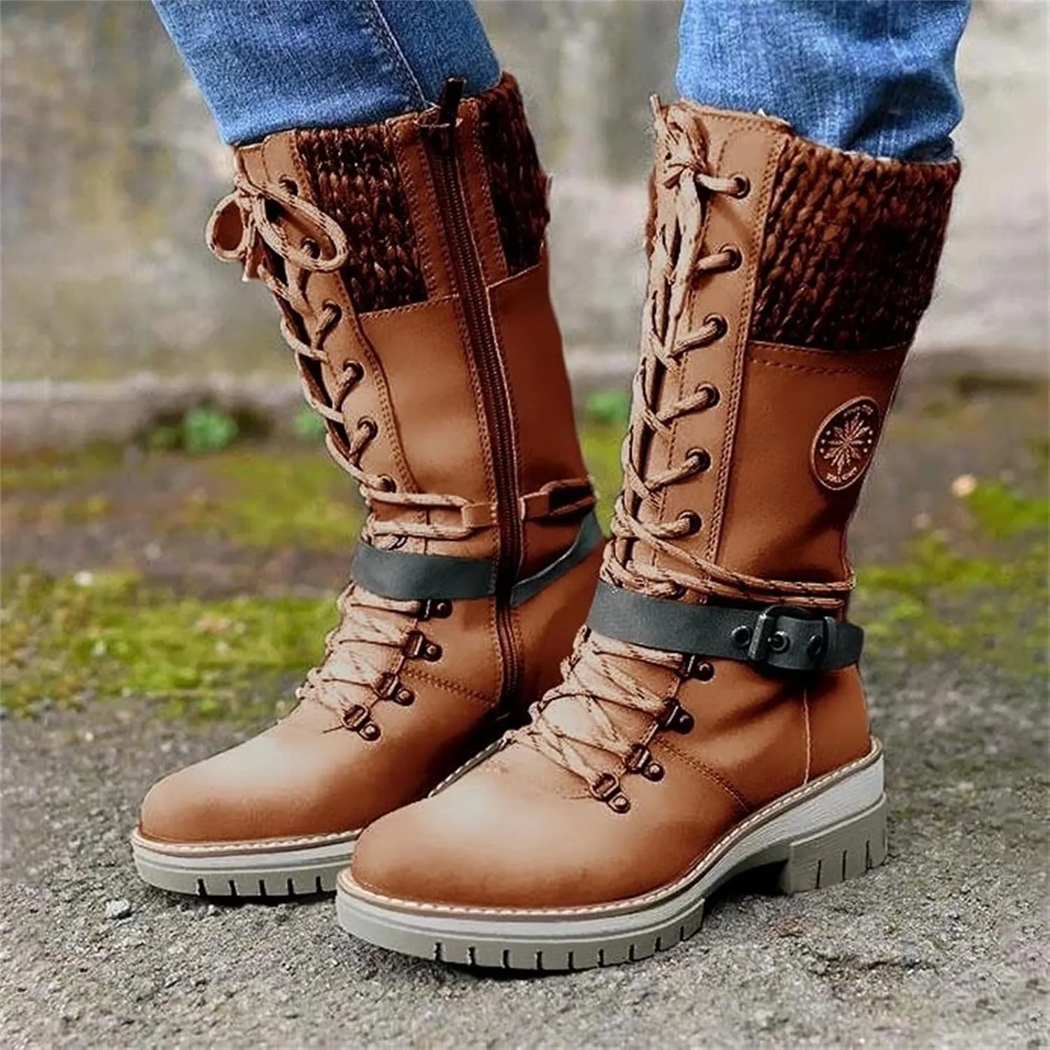 Ladmiple Combat Boots Womens Mid Calf Side Zipper Military Shoes Low Heel Motorcycle Riding Biker Western Dress Ankle Booties