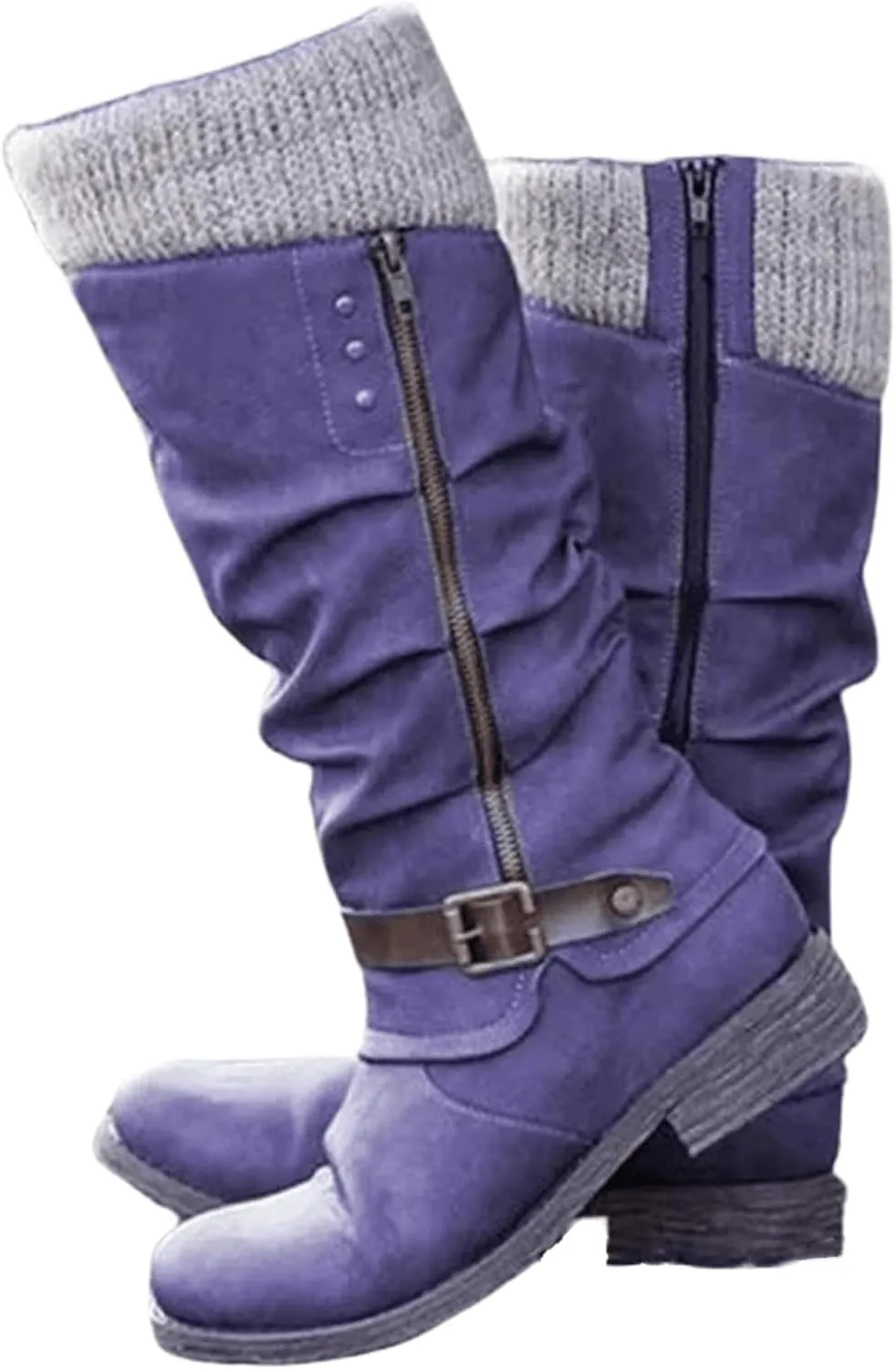 Ladmiple Cowboy Boots For Women Wide Calf Knee High Seam Mid Heel Block Heel Cowgirl Boots Slip-On with Side Zipper