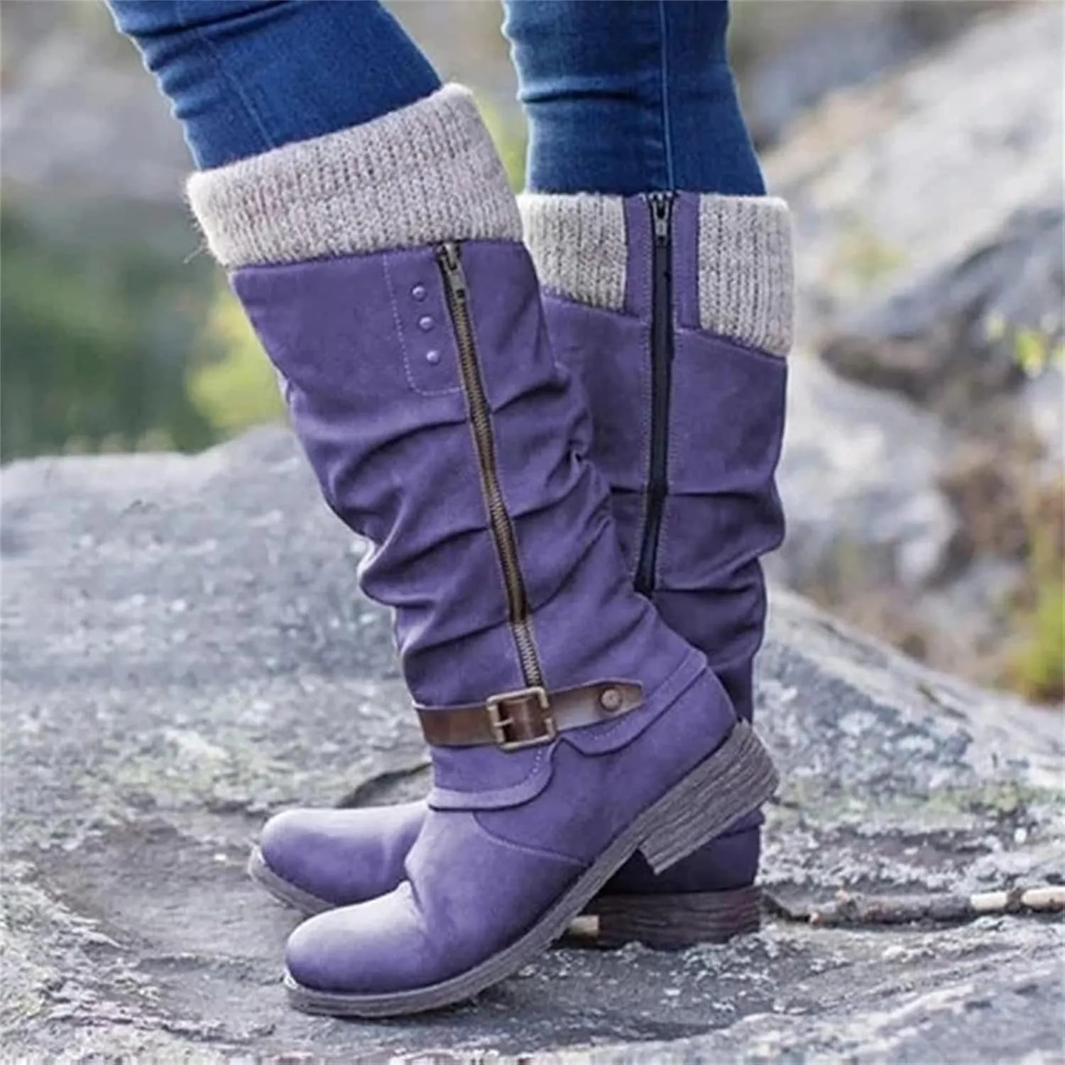 Ladmiple Cowboy Boots For Women Wide Calf Knee High Seam Mid Heel Block Heel Cowgirl Boots Slip-On with Side Zipper
