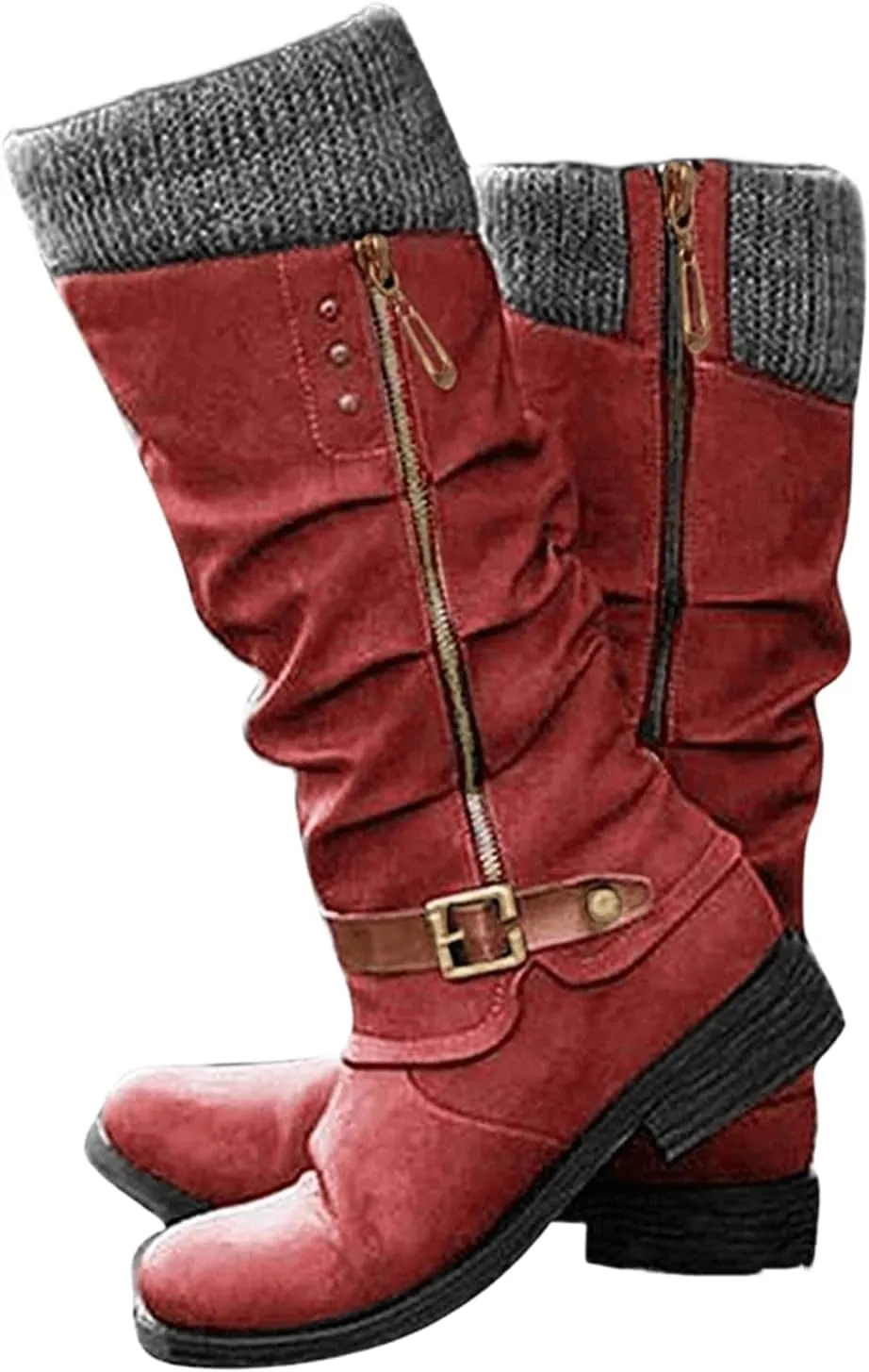 Ladmiple Cowgirl Boots Wide Calf Wide Foot Western Cowboy Boots Knee High Stitching Almond Chunky Heel Fashion Boot Pull-On