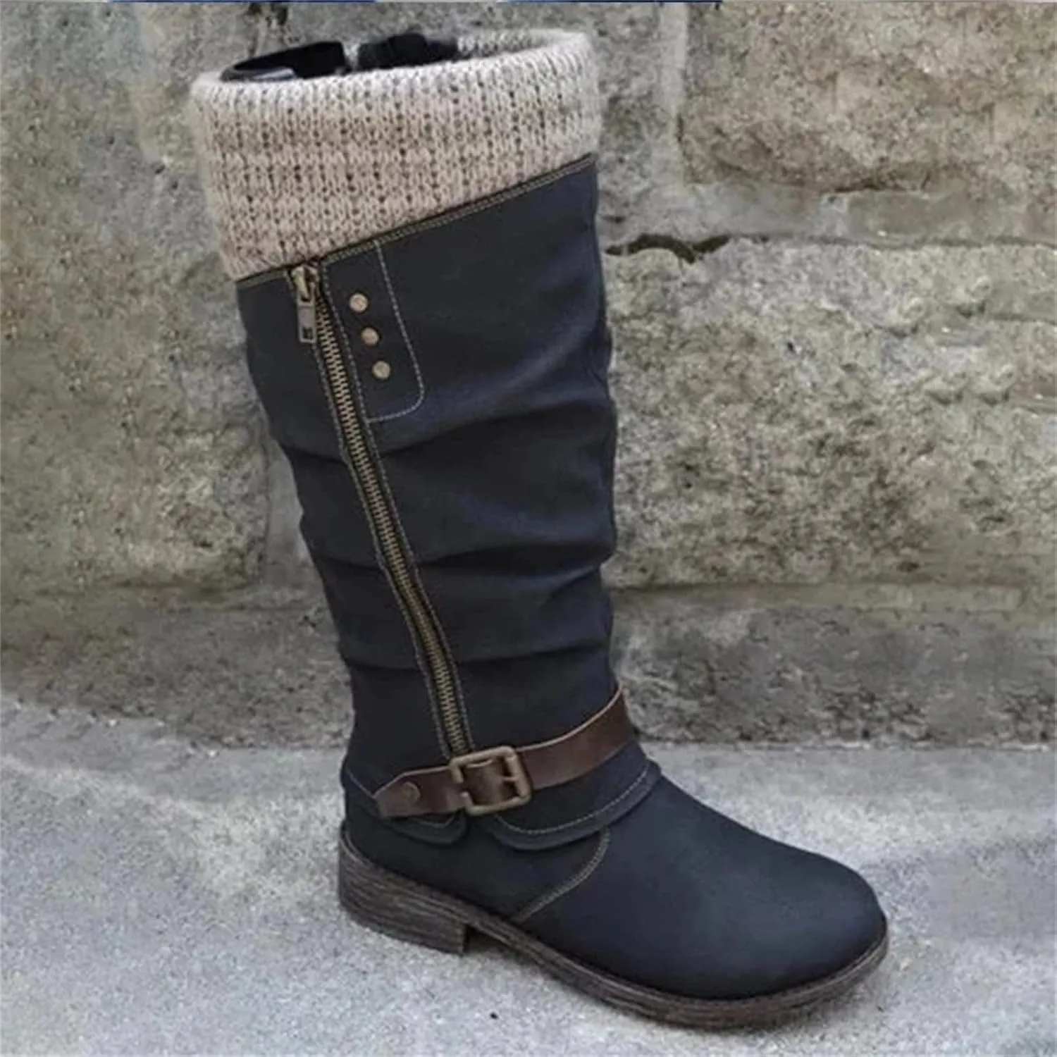 Ladmiple Cowgirl Boots Wide Calf Wide Foot Western Cowboy Boots Knee High Stitching Almond Chunky Heel Fashion Boot Pull-On