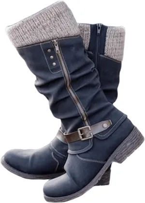 Ladmiple Cowgirl Boots Wide Calf Wide Foot Western Cowboy Boots Knee High Stitching Almond Chunky Heel Fashion Boot Pull-On