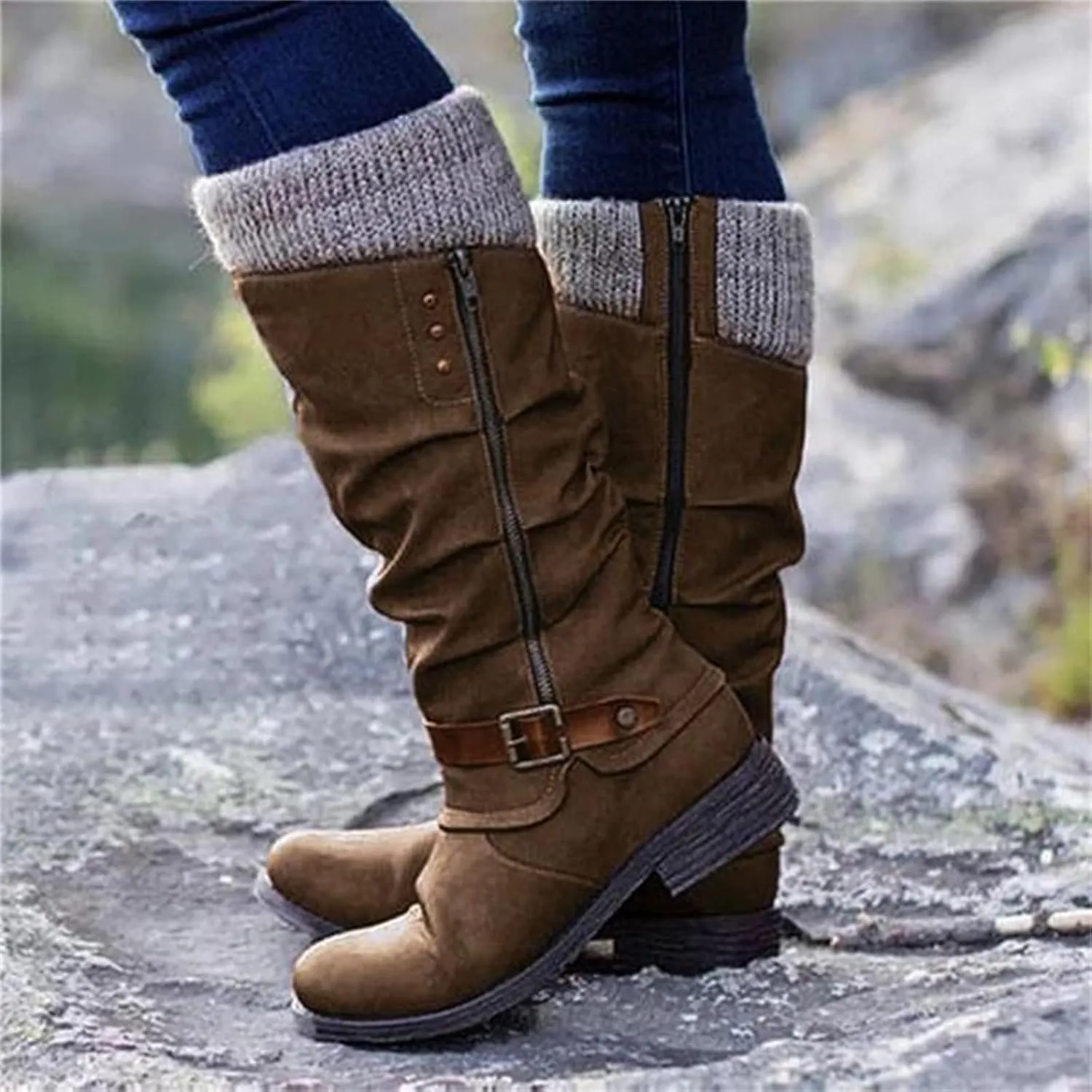 Ladmiple Cowgirl Boots Wide Calf Wide Foot Western Cowboy Boots Knee High Stitching Almond Chunky Heel Fashion Boot Pull-On