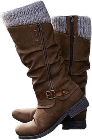 Ladmiple Cowgirl Boots Wide Calf Wide Foot Western Cowboy Boots Knee High Stitching Almond Chunky Heel Fashion Boot Pull-On