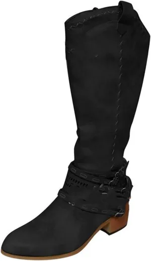 Ladmiple Cowgirl Boots Women Wide Calf Knee High Western Boots Pointed Toe Chunky Heel Stitching Pull On Cowboy Boots