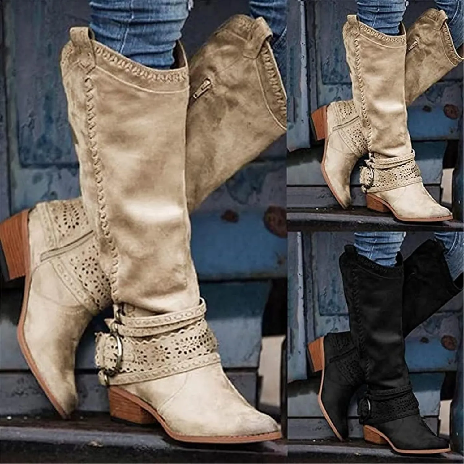 Ladmiple Cowgirl Boots Women Wide Calf Knee High Western Boots Pointed Toe Chunky Heel Stitching Pull On Cowboy Boots