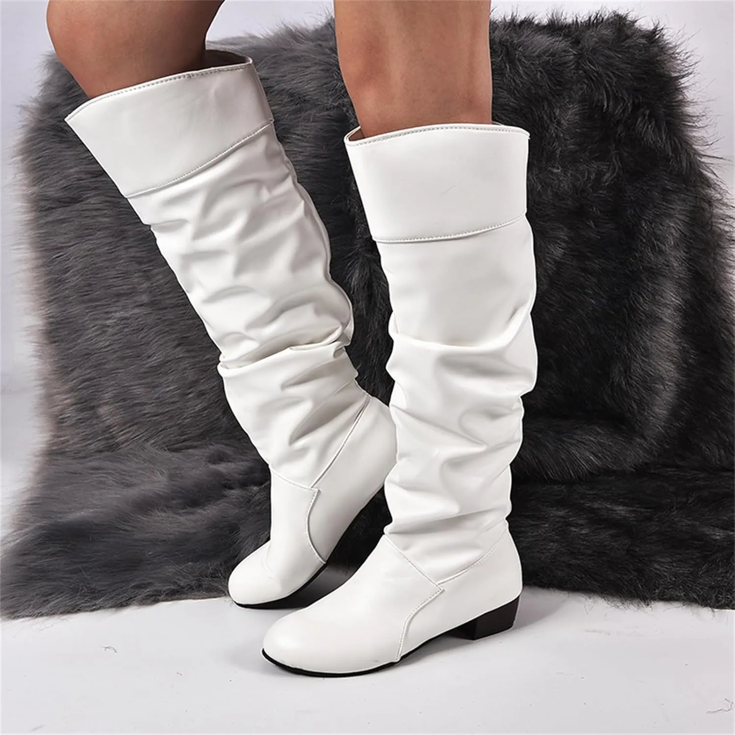 Ladmiple Fall Boots Women Knee High Wide Calf Slouchy Western Cowboy Boots Fashion Pointed Toe Cone Heel Cowgirl Boots