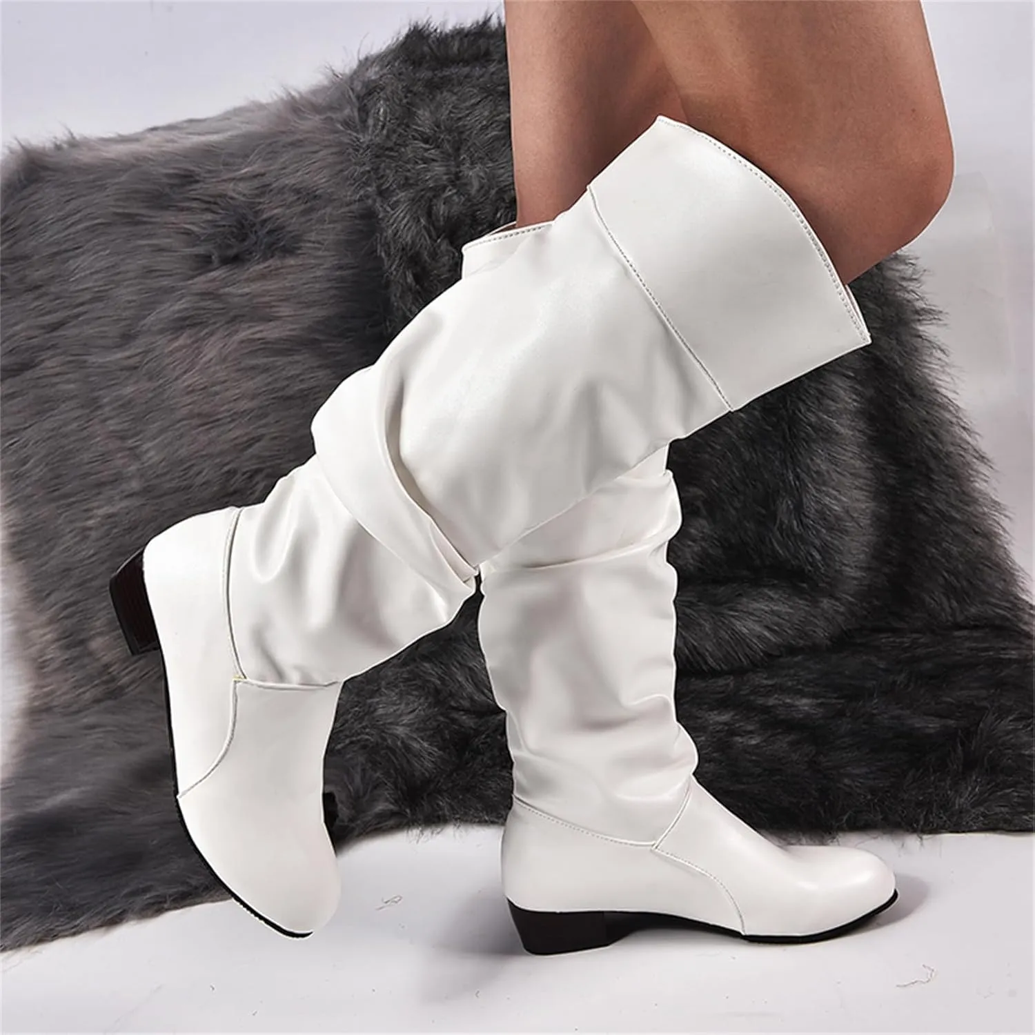 Ladmiple Fall Boots Women Knee High Wide Calf Slouchy Western Cowboy Boots Fashion Pointed Toe Cone Heel Cowgirl Boots