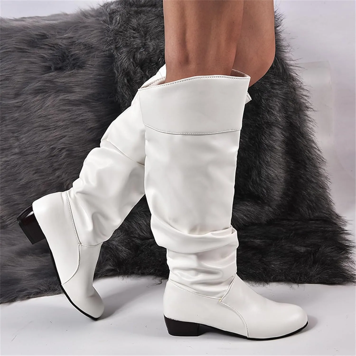 Ladmiple Fall Boots Women Knee High Wide Calf Slouchy Western Cowboy Boots Fashion Pointed Toe Cone Heel Cowgirl Boots