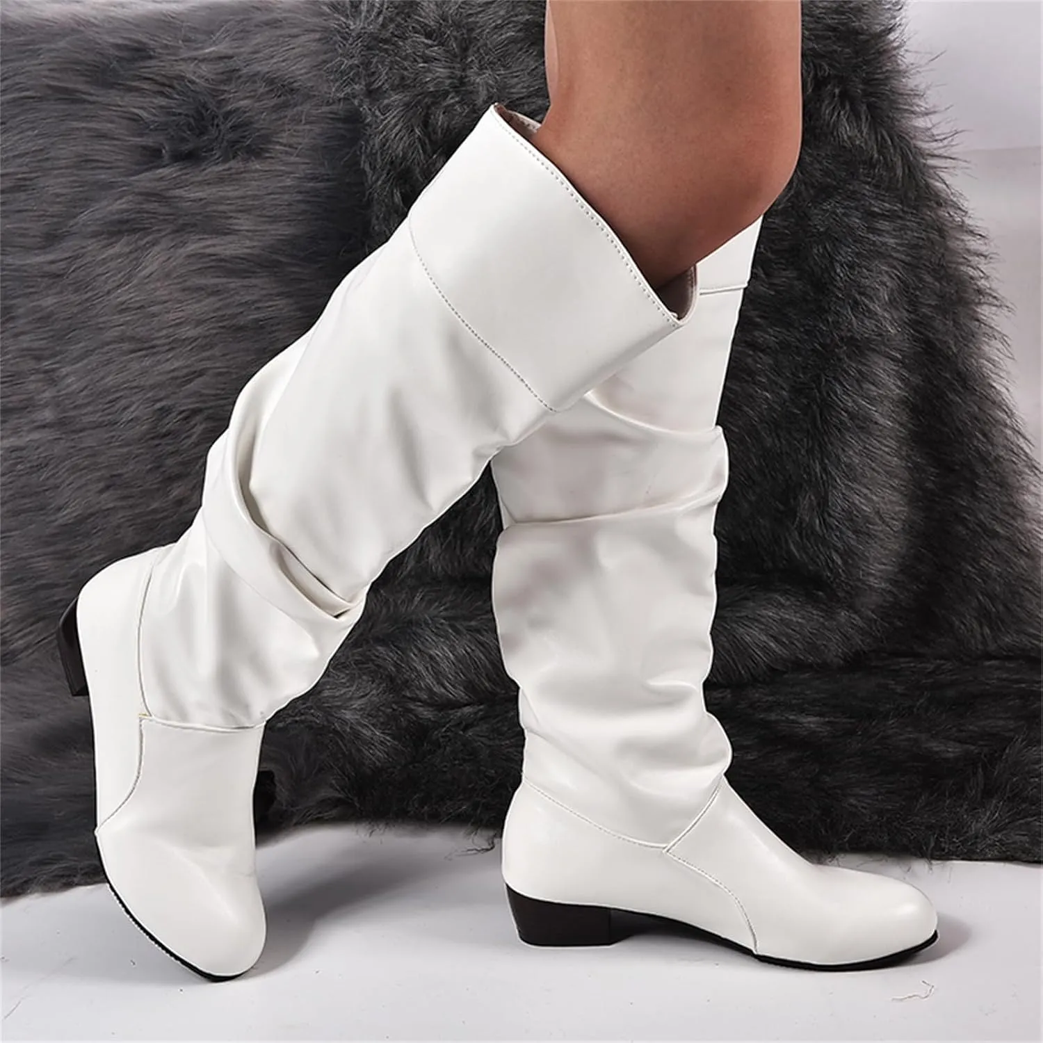 Ladmiple Fall Boots Women Knee High Wide Calf Slouchy Western Cowboy Boots Fashion Pointed Toe Cone Heel Cowgirl Boots