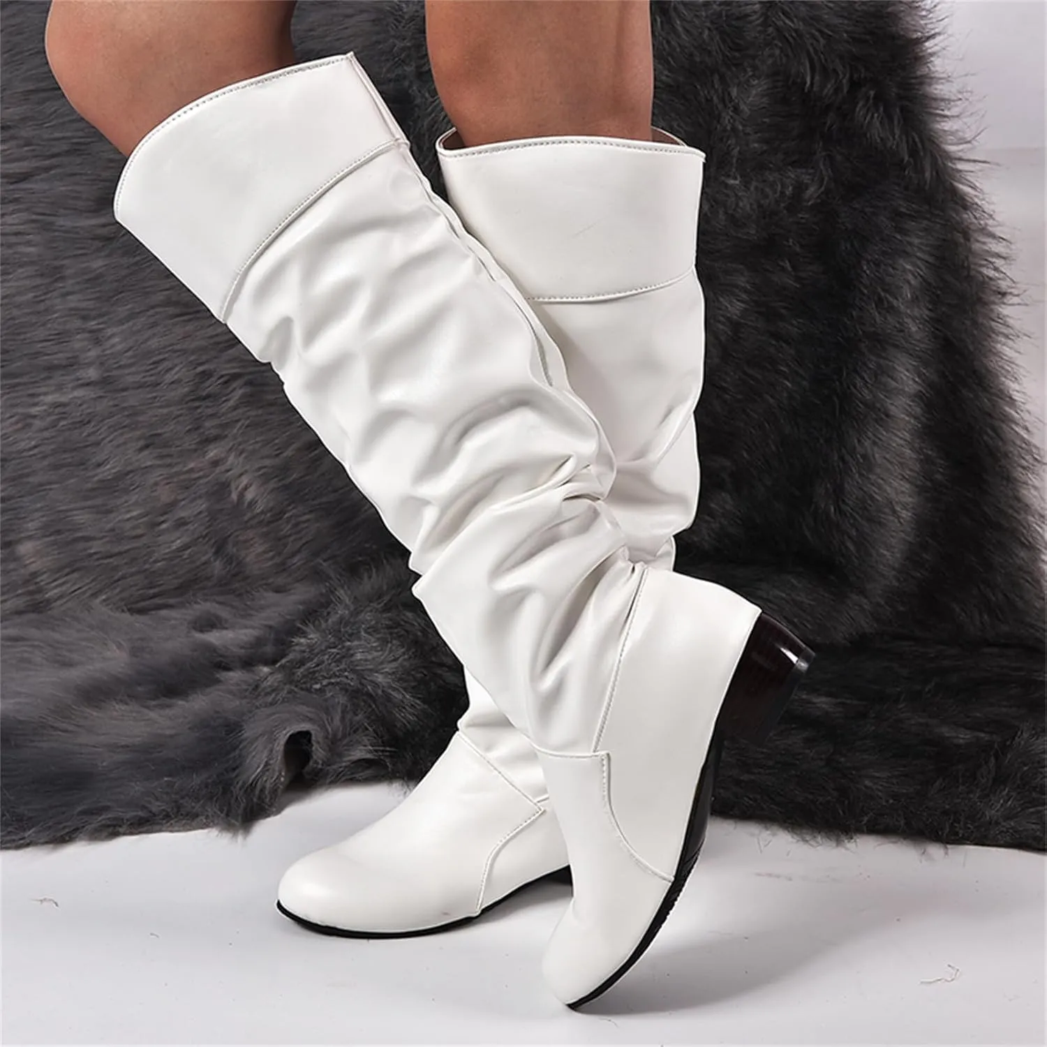 Ladmiple Fall Boots Women Knee High Wide Calf Slouchy Western Cowboy Boots Fashion Pointed Toe Cone Heel Cowgirl Boots
