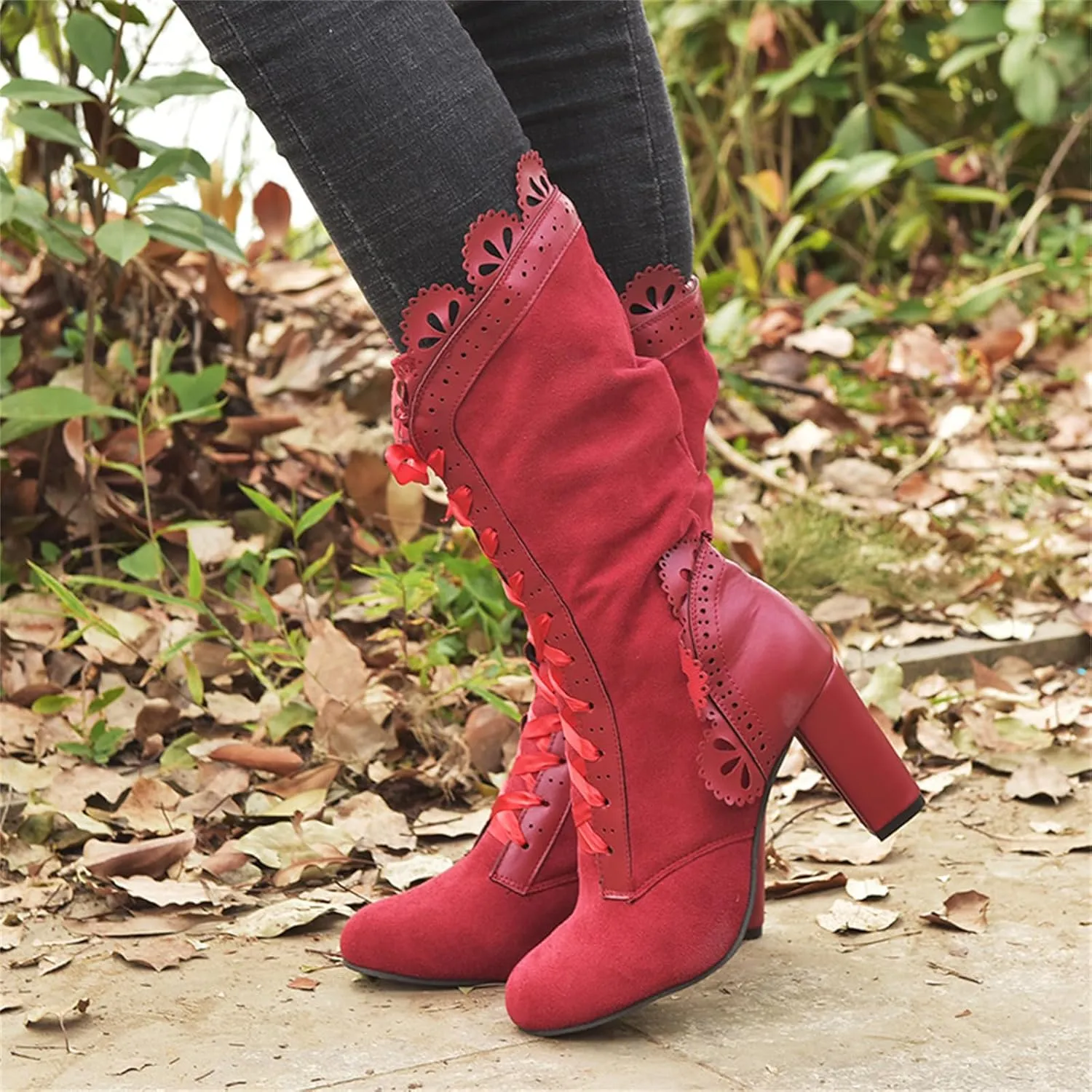 Ladmiple Fall Boots Women Knee High Wide Calf Victorian Boots Round Toe Chunky Heel Lace Up Vintage Knight Western Boots