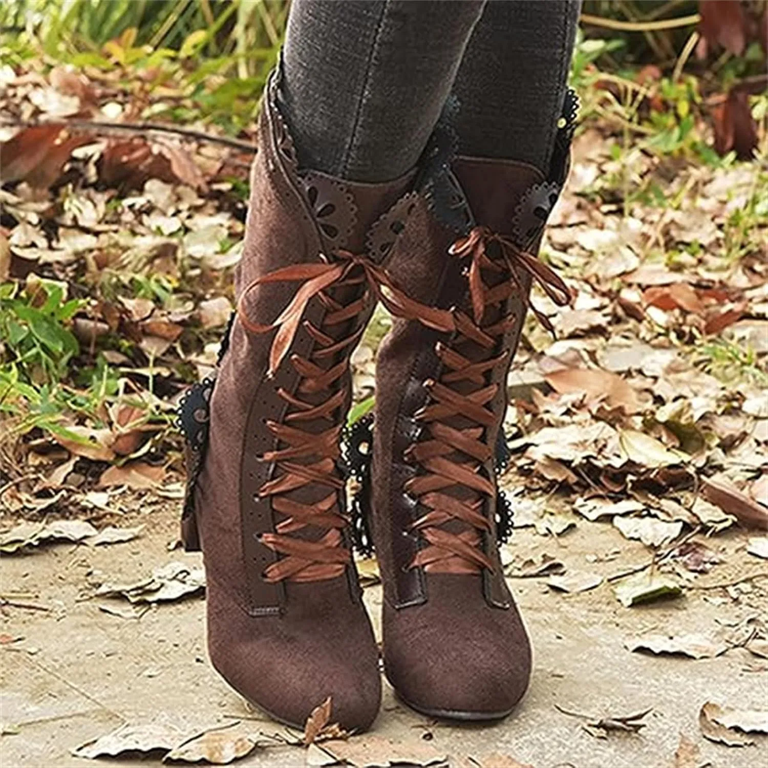 Ladmiple Fall Boots Women Knee High Wide Calf Victorian Boots Round Toe Chunky Heel Lace Up Vintage Knight Western Boots