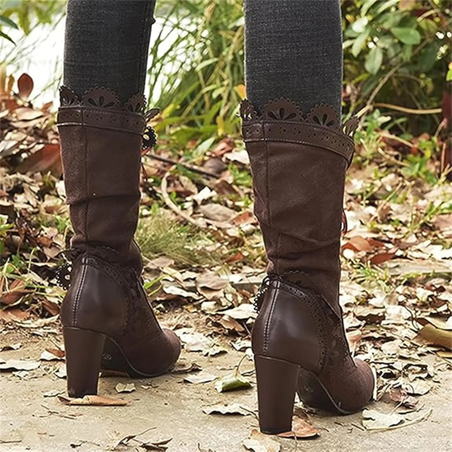 Ladmiple Fall Boots Women Knee High Wide Calf Victorian Boots Round Toe Chunky Heel Lace Up Vintage Knight Western Boots