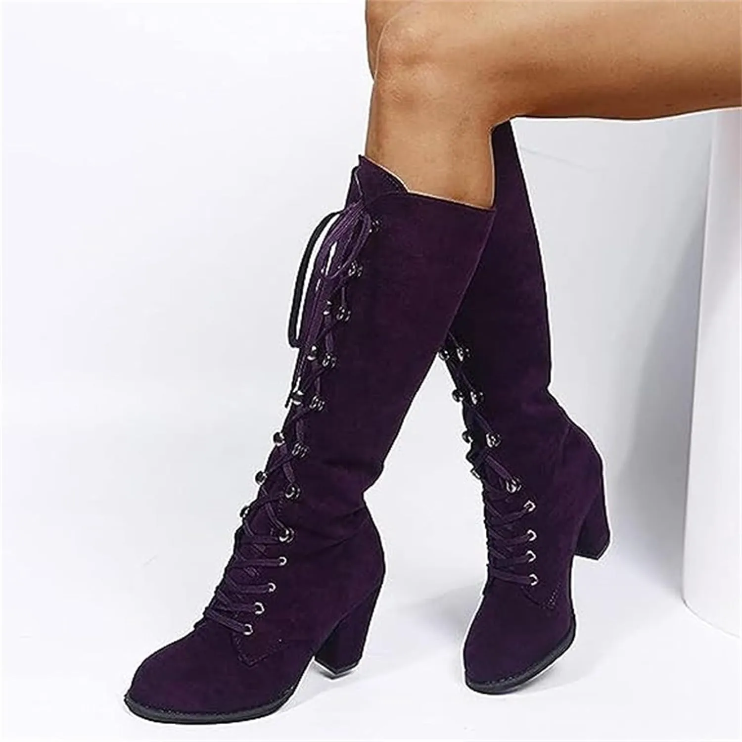 Ladmiple Fall Bo_ots Women Knee_High Wide_Calf Chunky Low he_el Lace Up Classic Fashion Cowgirl Western Dress Sh_oes 2024