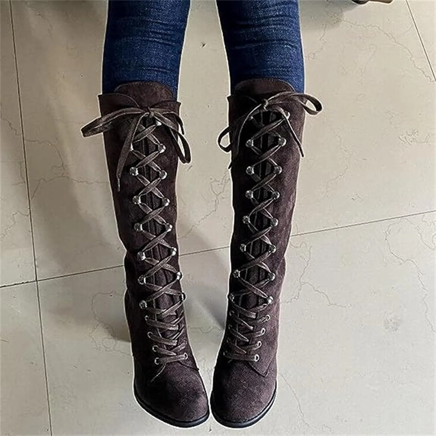 Ladmiple Fall Bo_ots Women Knee_High Wide_Calf Chunky Low he_el Lace Up Classic Fashion Cowgirl Western Dress Sh_oes 2024