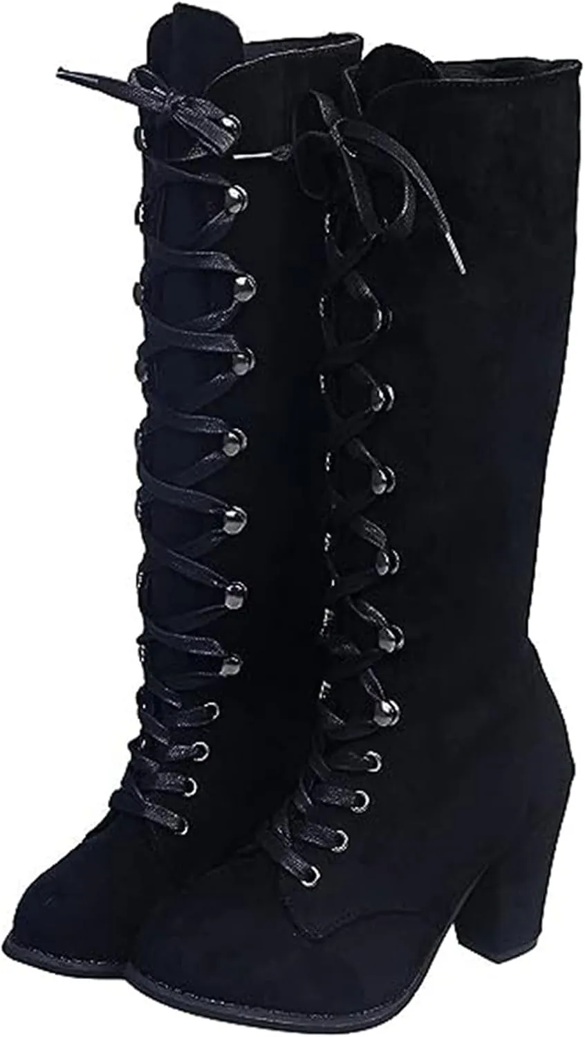 Ladmiple Fall Bo_ots Women Knee_High Wide_Calf Chunky Low he_el Lace Up Classic Fashion Cowgirl Western Dress Sh_oes 2024