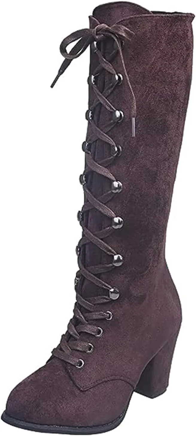 Ladmiple Fall Bo_ots Women Knee_High Wide_Calf Chunky Low he_el Lace Up Classic Fashion Cowgirl Western Dress Sh_oes 2024