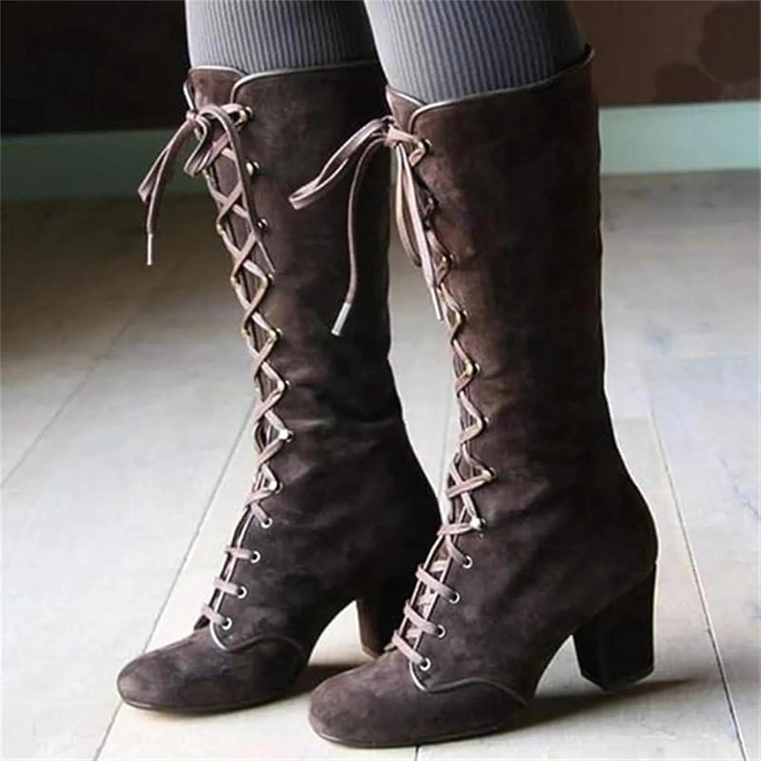 Ladmiple Fall Bo_ots Women Knee_High Wide_Calf Chunky Low he_el Lace Up Classic Fashion Cowgirl Western Dress Sh_oes 2024