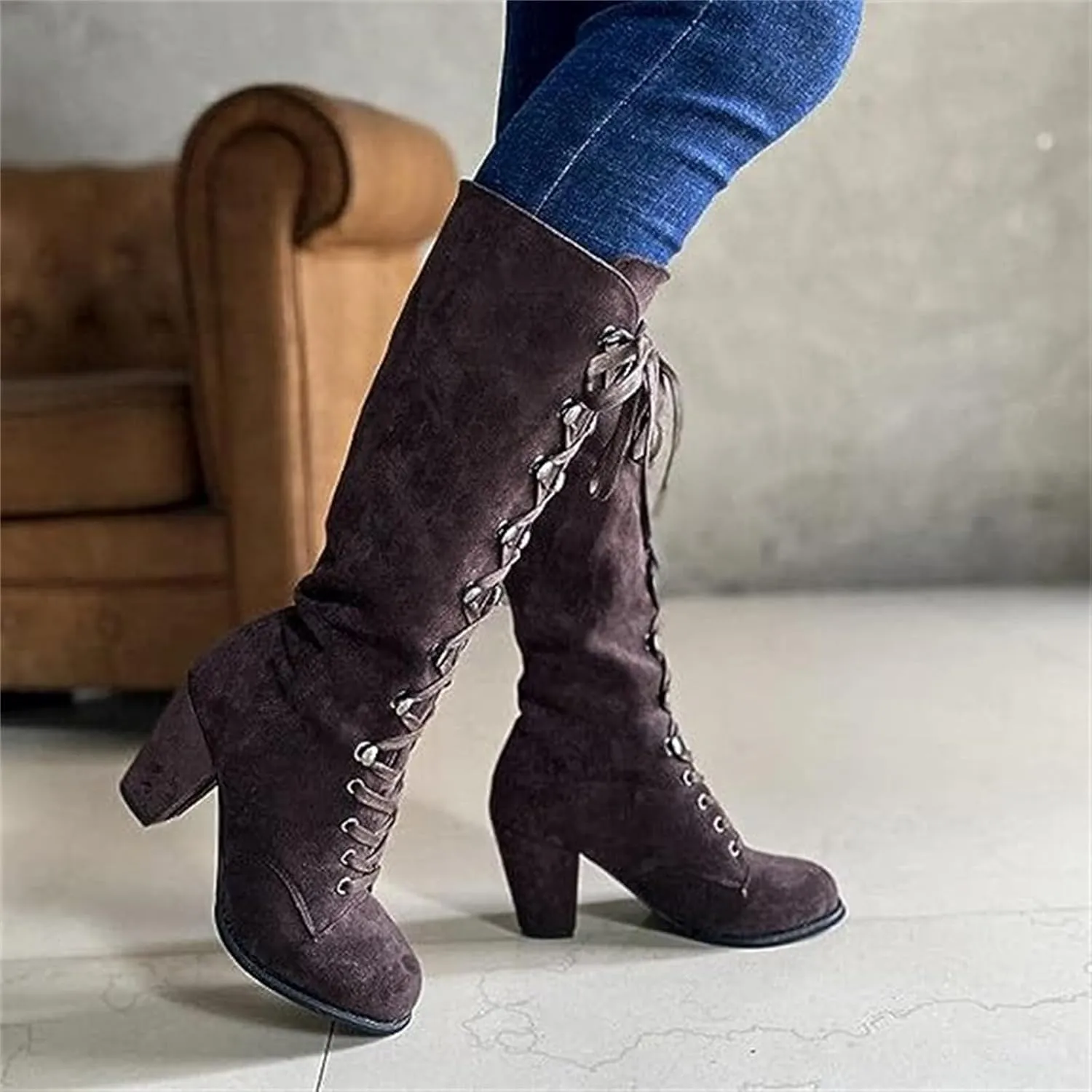 Ladmiple Fall Bo_ots Women Knee_High Wide_Calf Chunky Low he_el Lace Up Classic Fashion Cowgirl Western Dress Sh_oes 2024