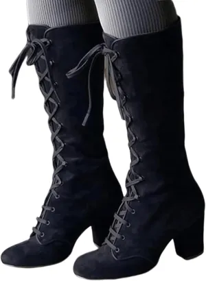Ladmiple Fall Bo_ots Women Knee_High Wide_Calf Chunky Low he_el Lace Up Classic Fashion Cowgirl Western Dress Sh_oes 2024