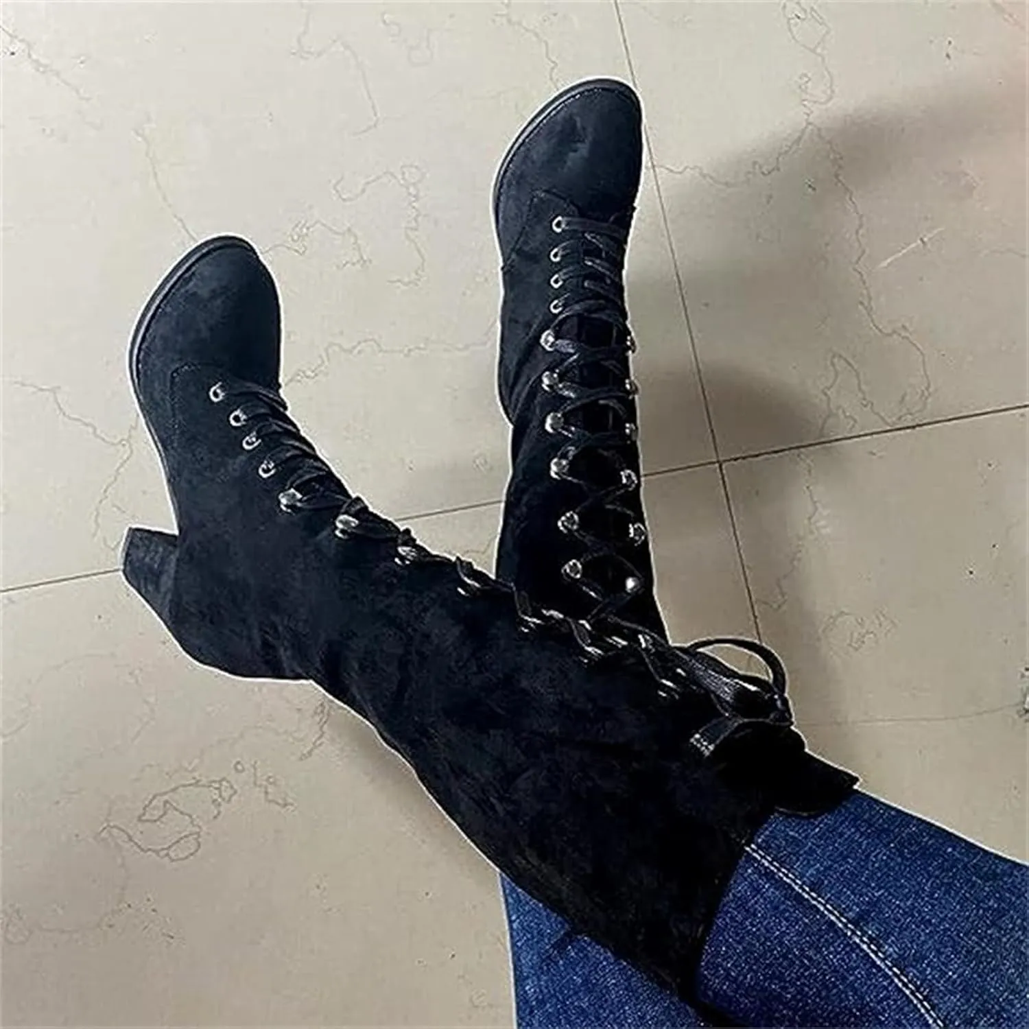 Ladmiple Fall Bo_ots Women Knee_High Wide_Calf Chunky Low he_el Lace Up Classic Fashion Cowgirl Western Dress Sh_oes 2024