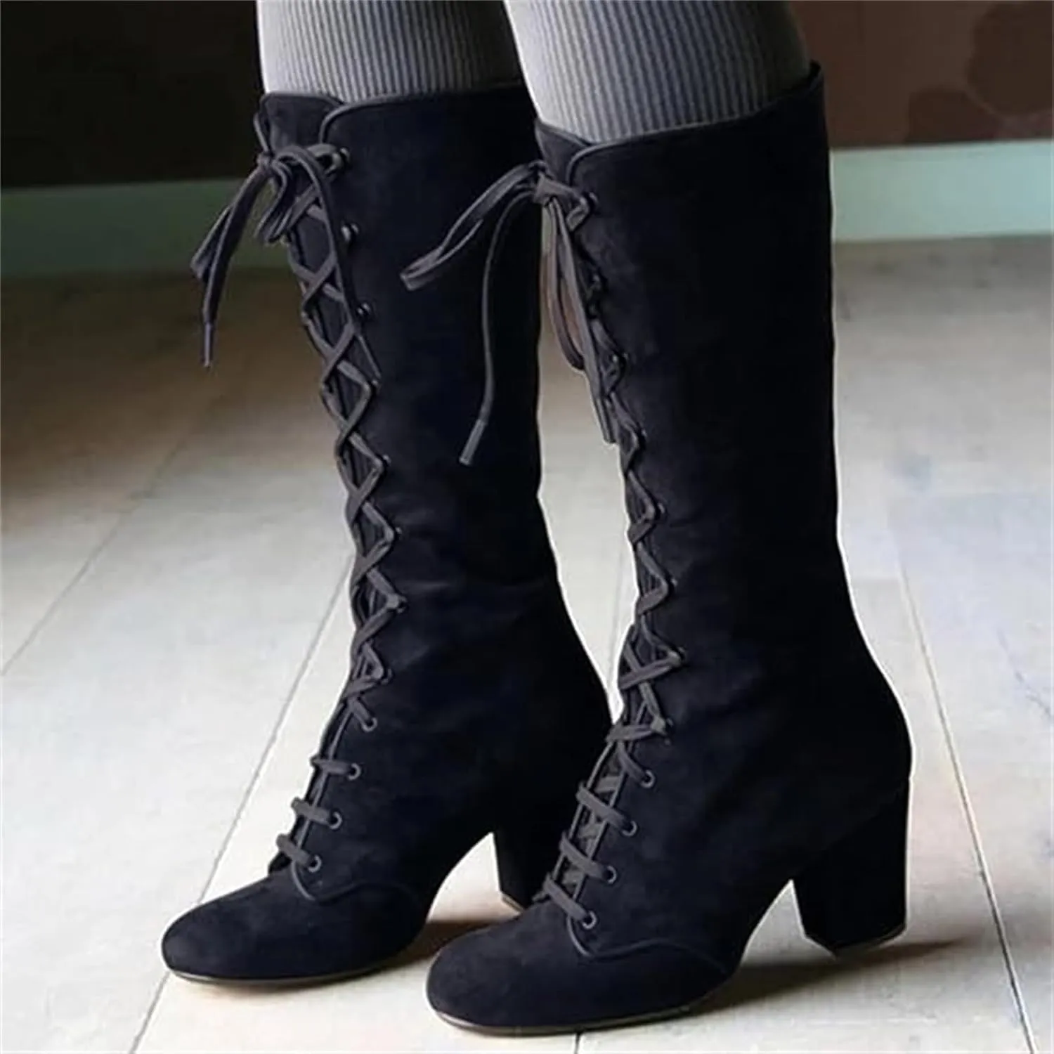 Ladmiple Fall Bo_ots Women Knee_High Wide_Calf Chunky Low he_el Lace Up Classic Fashion Cowgirl Western Dress Sh_oes 2024