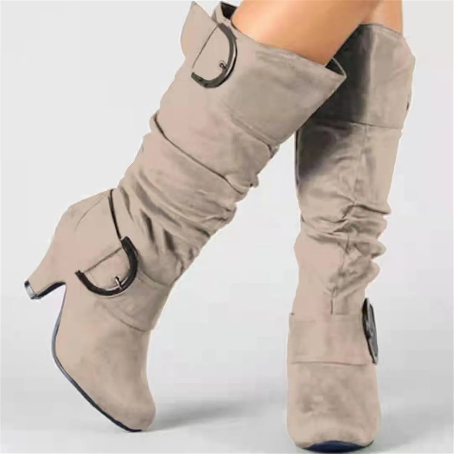 Ladmiple Fall Bo_ots Women Knee_High Wide_Calf Cone he_el Size Zipper Slouchy Cowboy Cowgirl Western Bo_ots