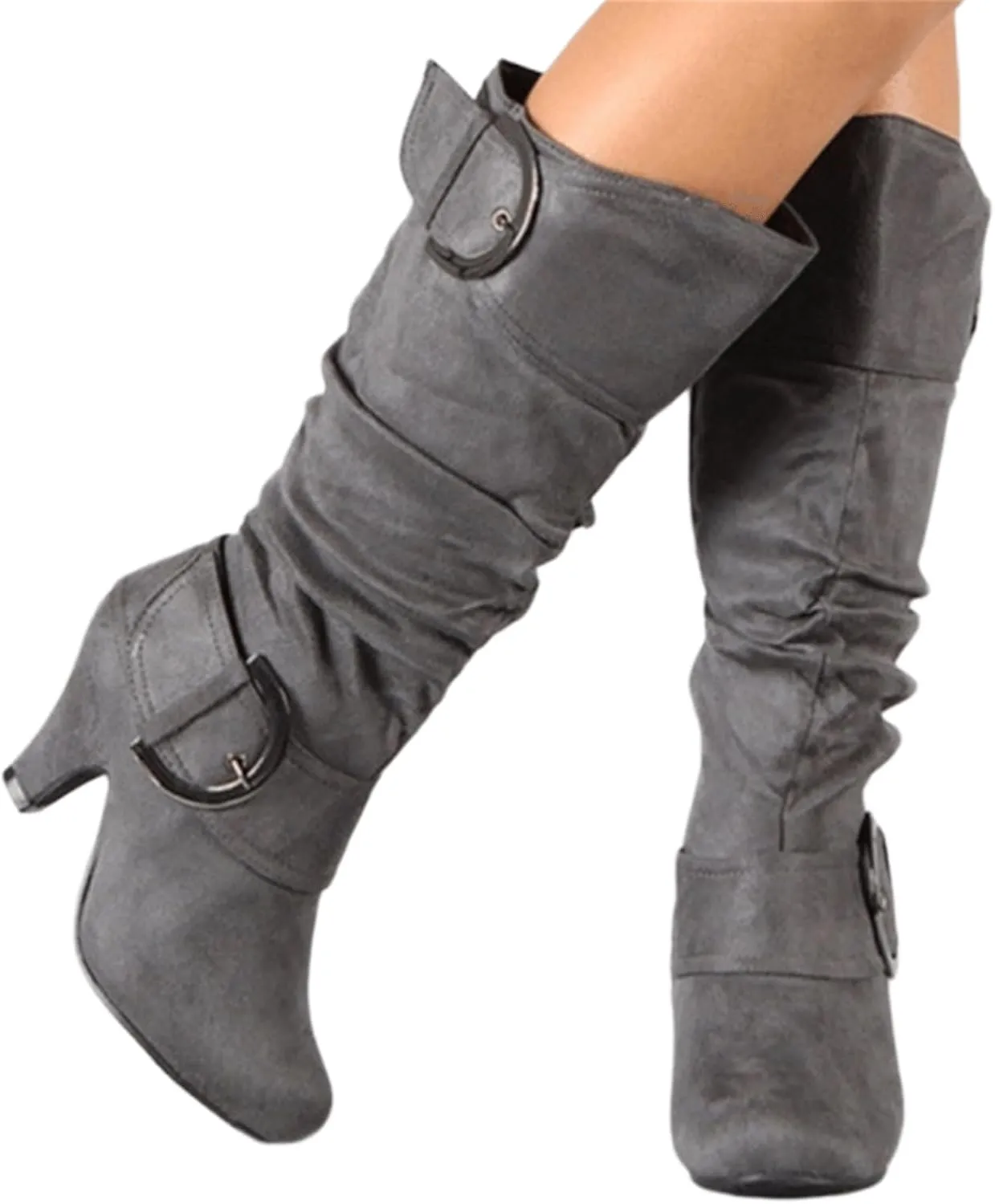Ladmiple Fall Bo_ots Women Knee_High Wide_Calf Cone he_el Size Zipper Slouchy Cowboy Cowgirl Western Bo_ots