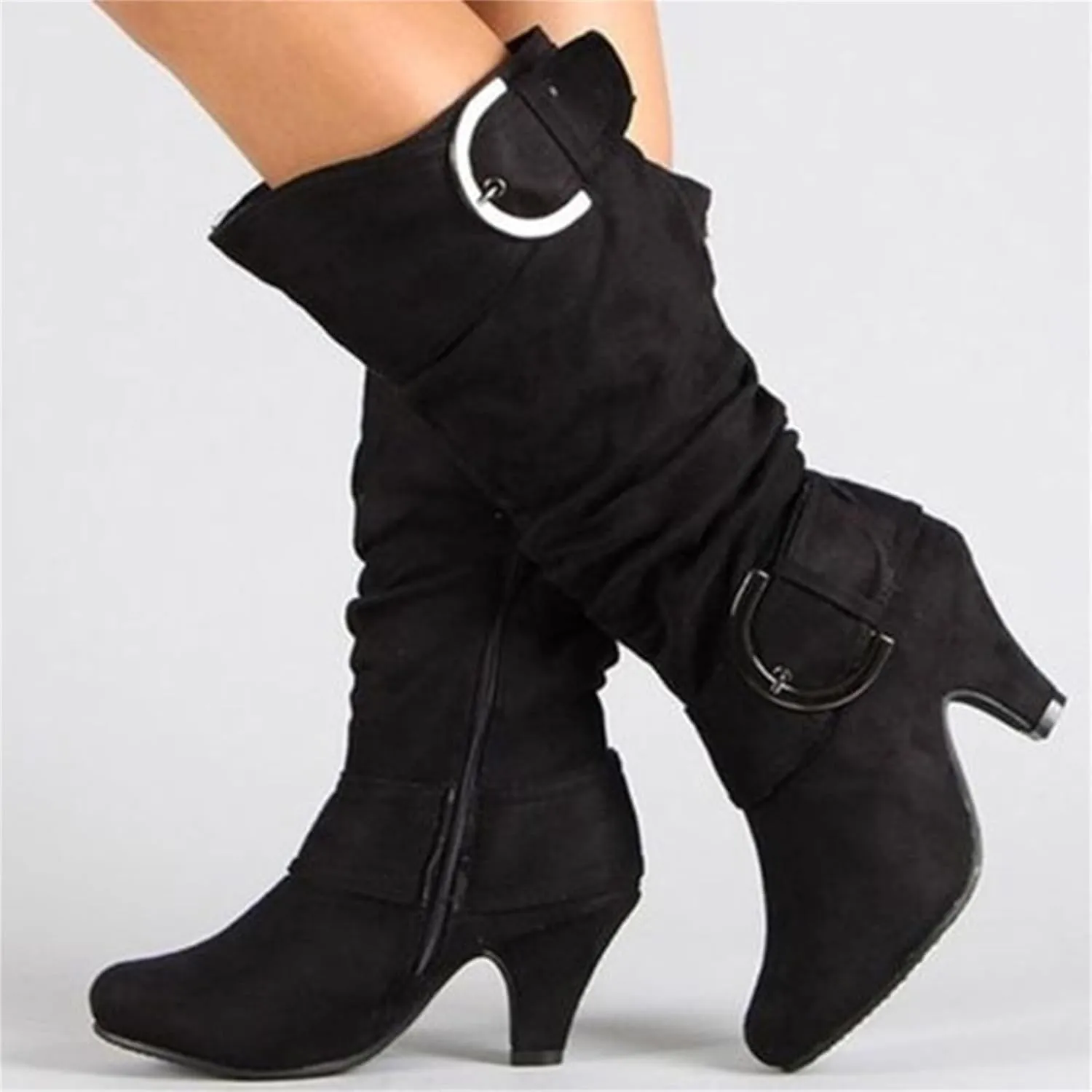 Ladmiple Fall Bo_ots Women Knee_High Wide_Calf Cone he_el Size Zipper Slouchy Cowboy Cowgirl Western Bo_ots