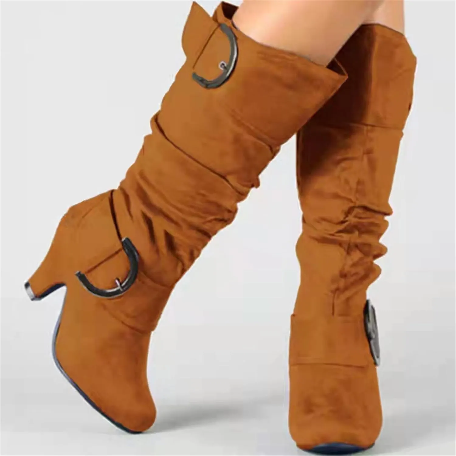 Ladmiple Fall Bo_ots Women Knee_High Wide_Calf Cone he_el Size Zipper Slouchy Cowboy Cowgirl Western Bo_ots