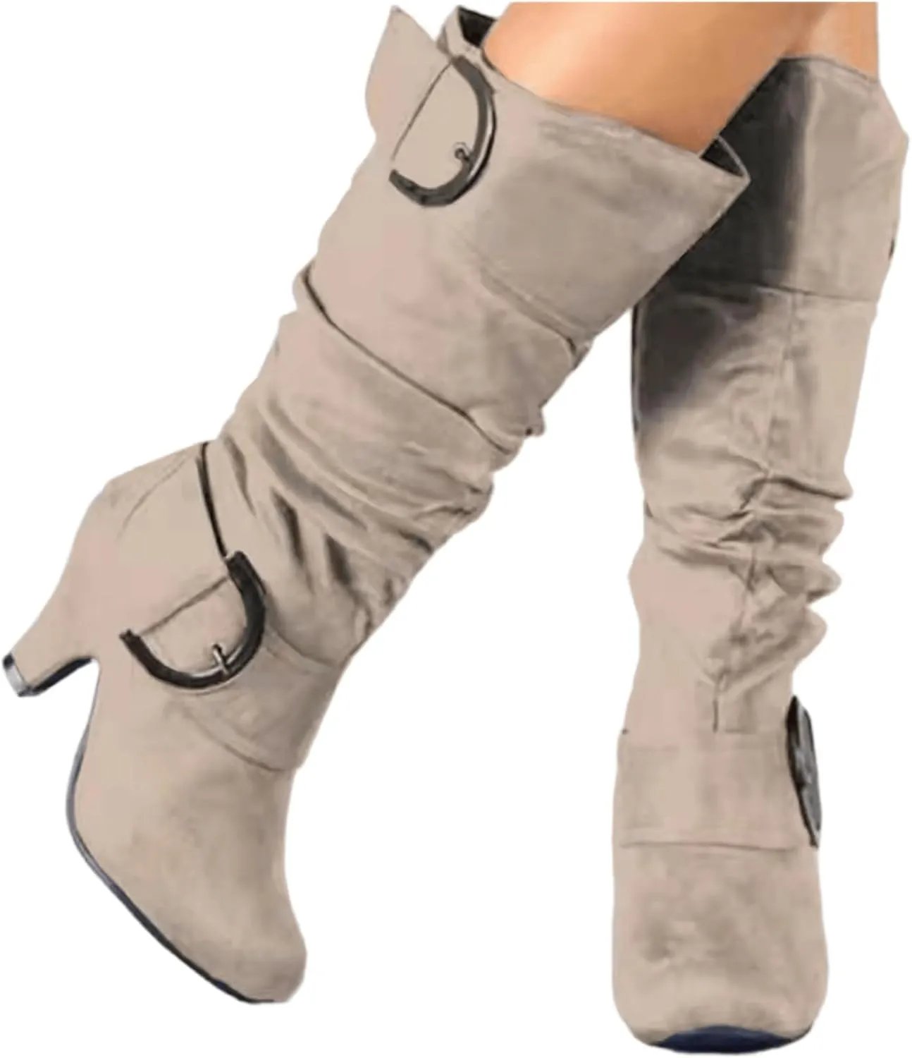 Ladmiple Fall Bo_ots Women Knee_High Wide_Calf Cone he_el Size Zipper Slouchy Cowboy Cowgirl Western Bo_ots
